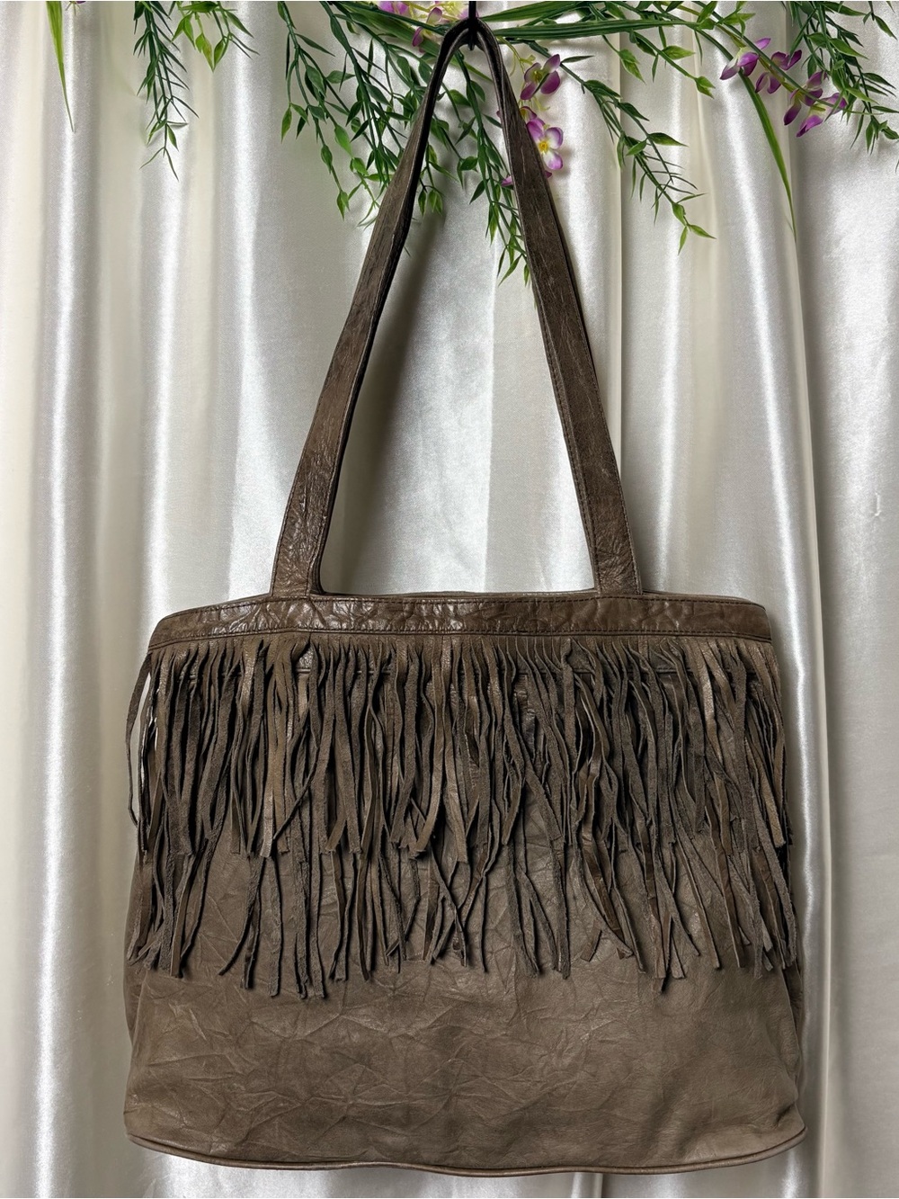 Brio! Vintage Olive Leather Fringe Tote